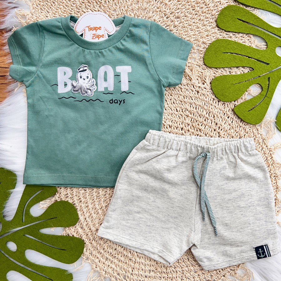 Conj. Boat Days e Bermuda em Moletinho - Verde e Mescla